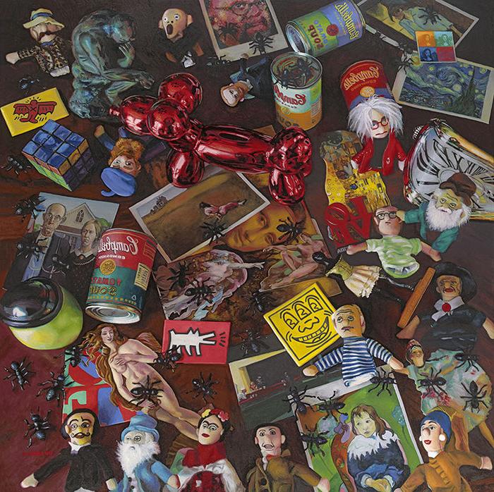 A still life painting by Steve Scheuring, showing postcards, cans of soup, dolls and other assorted objects scattered on a tabletop